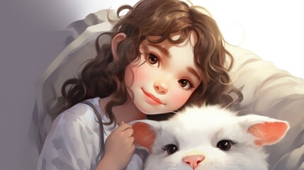 A girl holding a white cat in her arms