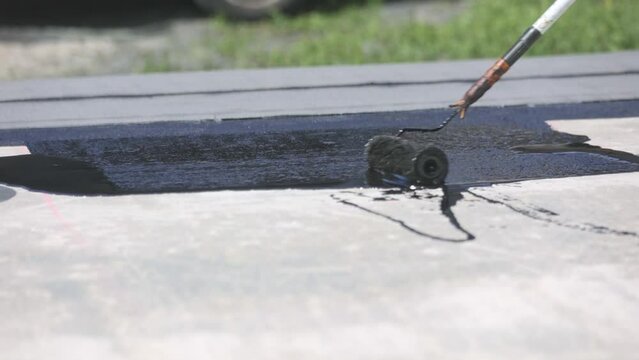 Water proofing concept of the concrete or foundation of the new house, hydro isolation of the concrete, industrial concept