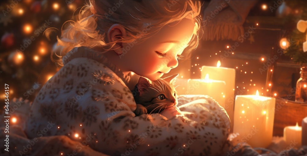 Poster a little girl holding a cat next to a lit candle