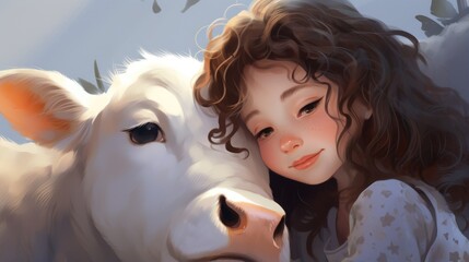 A young girl hugging a cow in front of a tree