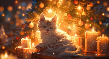 A white cat sitting in front of a christmas tree - obrazy, fototapety, plakaty