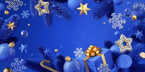 3d render, blue gold New Year background. Christmas ornaments, embellishments, baubles and spruce twigs. Blank frame, festive banner. Greeting card template