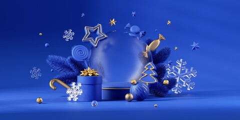 3d render, blue gold background of Christmas ornaments, empty glass ball, wrapped gift boxes with golden ribbons and frozen spruce twigs. Modern holiday wallpaper. Happy New Year - obrazy, fototapety, plakaty