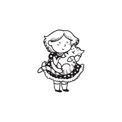 Handdrawn kid illustration, child drawing, cute kid, girl with a cat