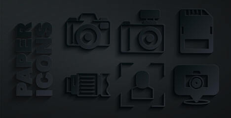 Set Camera focus frame line, SD card, photo lens, Photo camera, and icon. Vector