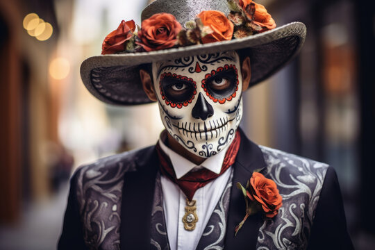 A man with a sugar skull and bright flowers on her hat, Day of the Dead