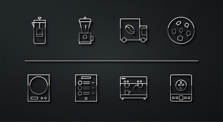 Set line French press, Electronic scales, Cookie or biscuit, Coffee machine, menu, Electric coffee grinder, and street truck icon. Vector