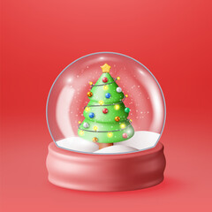 3D Glass Christmas Snow Globe with Tree Isolated. Render Spere Podium with Fir Tree. Happy New Year Decoration. Merry Christmas Holiday. New Year Xmas Celebration. Realistic Vector Illustration
