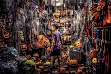 Halloween concept - happy little boy with pumpkin set.