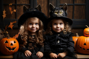 Enfants déguisés qui fêtent Halloween, gourmand et Plein de bonbons, IA 