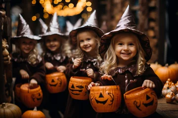 Fotobehang Enfants déguisés qui fêtent Halloween, gourmand et Plein de bonbons, IA  © David