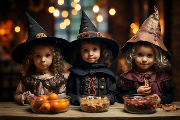 Enfants déguisés qui fêtent Halloween, gourmand et Plein de bonbons, IA 