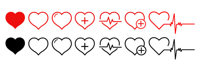 Heart vector icons. Set of heartbeat icons on isolated background. Heart symbol logo in linear style. medical design. Vector illustration - obrazy, fototapety, plakaty