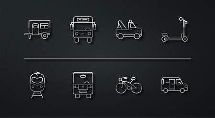 Set line Rv Camping trailer, Train and railway, Scooter, Bicycle, Bus, Minibus and Tow truck icon. Vector