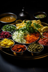 A beautifully arranged assortment of global vegetarian dishes showcasing an array of colorful spices and ingredients background with empty space for text 