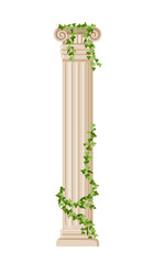 Ivy covered column concept. Traditional greek and Rome architecture element. Culture and traditions. Template, layout and mock up. Cartoon flat vector illustration isolated on white background
