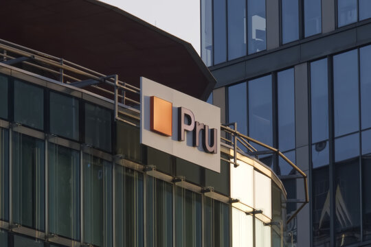 PRU known as Prudential signage, logo, emblem  of insurance company, Warsaw, Poland - September 5, 2023