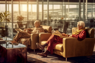seniors enjoying a cozy airport lounge with a good book.