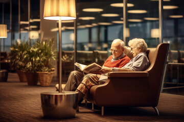 seniors enjoying a cozy airport lounge with a good book. - obrazy, fototapety, plakaty