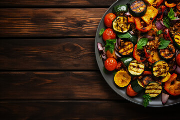 A beautifully arranged plate of colorful roasted vegetables on a rustic wooden background with empty space for text 