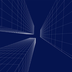3D Perspective. Office buildings. Abstract vector modern background. Blueprint.