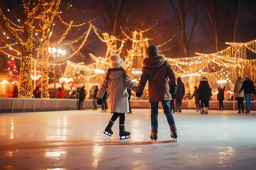 Children skate on an outdoor skating rink in a winter park. Christmas atmosphere, festive mood