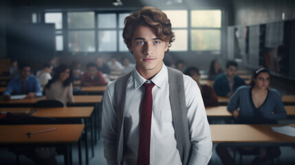 Fototapeta premium Confident Student: Captured in an Educational Classroom Environment.