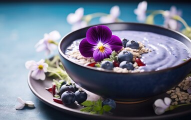 Obraz na płótnie Canvas Blue matcha smoothie in a bowl decorated with butterfly pea flowers, berries, and nuts on a table