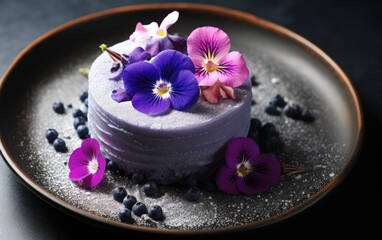 Obraz na płótnie Canvas Blue matcha cake decorated with butterfly pea flowers on a plate