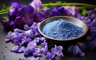 Blue matcha powder in a bowl surrounded by butterfly pea flowers
