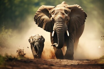 A mother elephant with a small calf is approaching us excitedly. © Irina