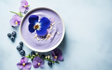 Obraz na płótnie Canvas Overhead shot of blue matcha smoothie in a bowl decorated with butterfly pea flowers and berries