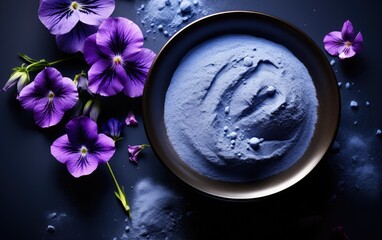 Obraz na płótnie Canvas Blue matcha powder in a bowl surrounded by butterfly pea flowers