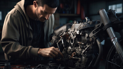 Mechanic Skillfully Repairing Motorcycle Engine: Tools, Engineer, Mechanical Service, Car Technician.