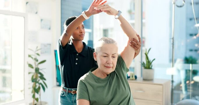 Woman, physical therapy and stretching arm in clinic for medical consulting, rehabilitation or healing muscle. Physiotherapist, senior patient and healthcare for chiropractic support, advice and help