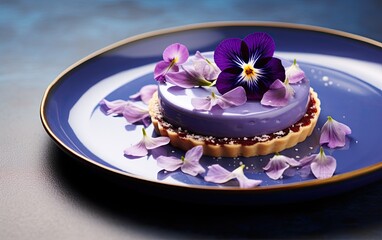 Blue matcha tart decorated with butterfly pea flowers on a plate
