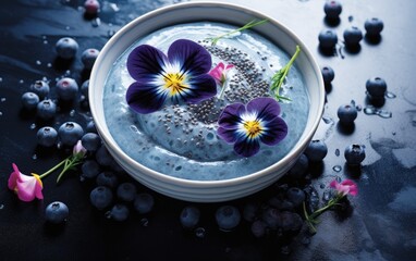 Overhead shot of blue matcha smoothie in a bowl decorated with butterfly pea flowers