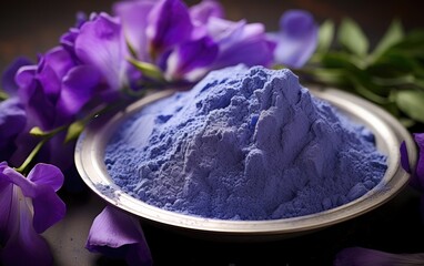 Blue matcha powder in a bowl surrounded by butterfly pea flowers