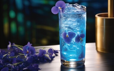 Blue matcha cocktail in a glass with ice on a table decorated with butterfly pea flowers
