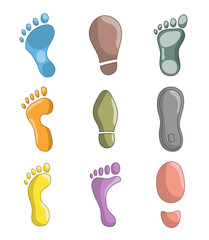 Different human footprints. Shoe tread imprint. Hand style. Vector drawing. Collection of design elements.