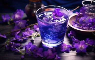 Obraz na płótnie Canvas Blue matcha cocktail in a glass with ice on a table decorated with butterfly pea flowers 