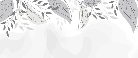 Painted background with leaves, branches and watercolor spots. Botanical linear art. Vector design in gray tones. Creative frame with a place for text for invitations, banners, web, social networks.
