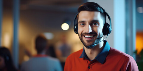 Call center. Portrait of handsome smiling man in head-phones. Generative AI