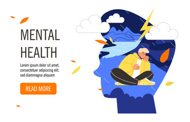 Mental health landing page. Man sitting inside head silhouette. Rain at mind, dark and bad mood. Depression and frustration, loneliness. Poster or banner. Cartoon flat vector illustration