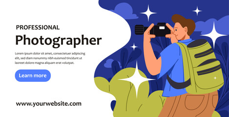 Professional photographer banner concept. Man with camera take shoot. Paparazzi and photographer at workplace. Creativity and art. Landing page design. Cartoon flat vector illustration
