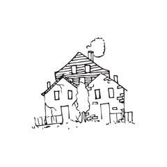 landscape illustration, nature handrawn, handrawn city near the river