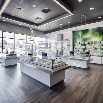Retail interior layout with high ceilings and a modern or futuristic feel, perfect for a dispensary or bar
