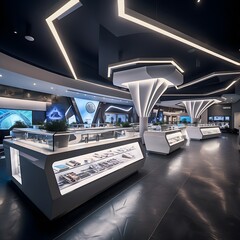 Obraz premium Retail interior layout with high ceilings and a modern or futuristic feel, perfect for a dispensary or bar