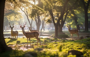 Rewilding the city, deers in a city park	