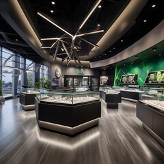 Retail interior layout with high ceilings and a modern or futuristic feel, perfect for a dispensary or bar